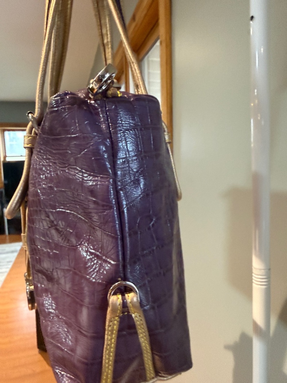Sharif Purple Croc-Embossed Satchel with Gold Trim - Picture 6 of 16